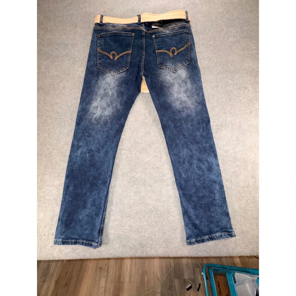 Rocawear Mens Flex Denim Slim Skinny Jeans Indigo Cloud W34 L30 With Belt RWJ009